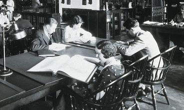 Historical photograph, showing students in a library. 'Philadelphia College of Pharmacy and Science: college library with students reading. Photograph, c. 1933.' Credit: Wellcome Collection. CC BY